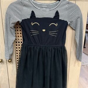 Carter’s kids black kitty dress with striped sleeves in size 6/6x